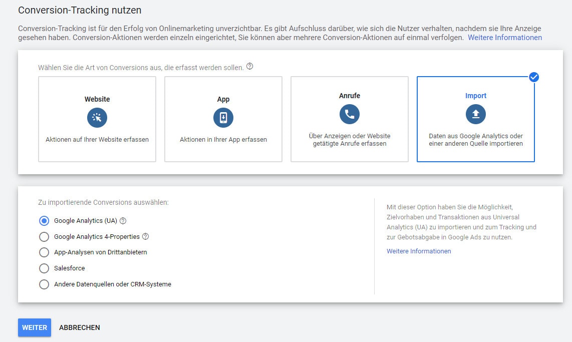 Conversions Import aus Analytics