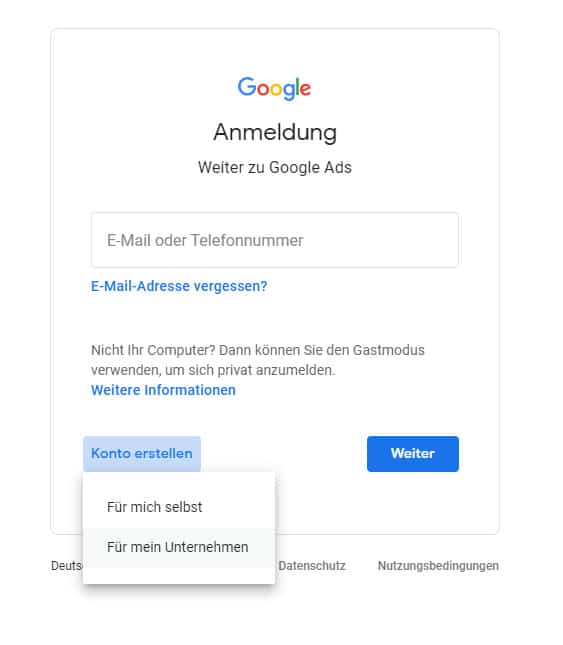 Google Ads Konto Anmeldung