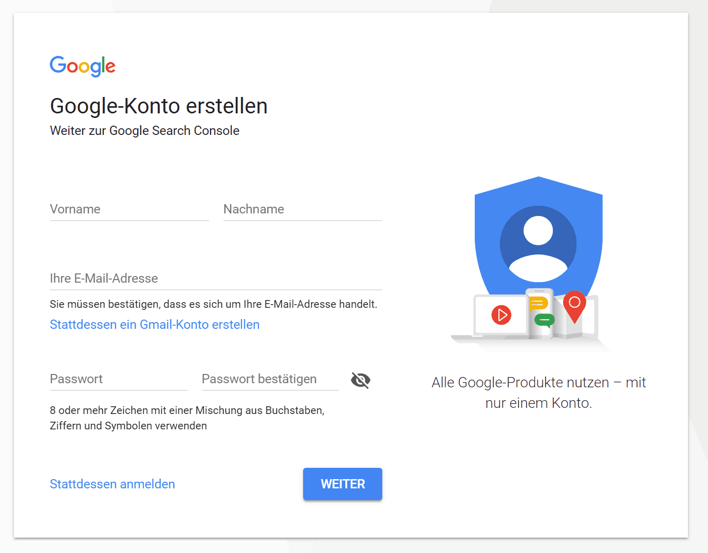 Google Search Console Anmeldung