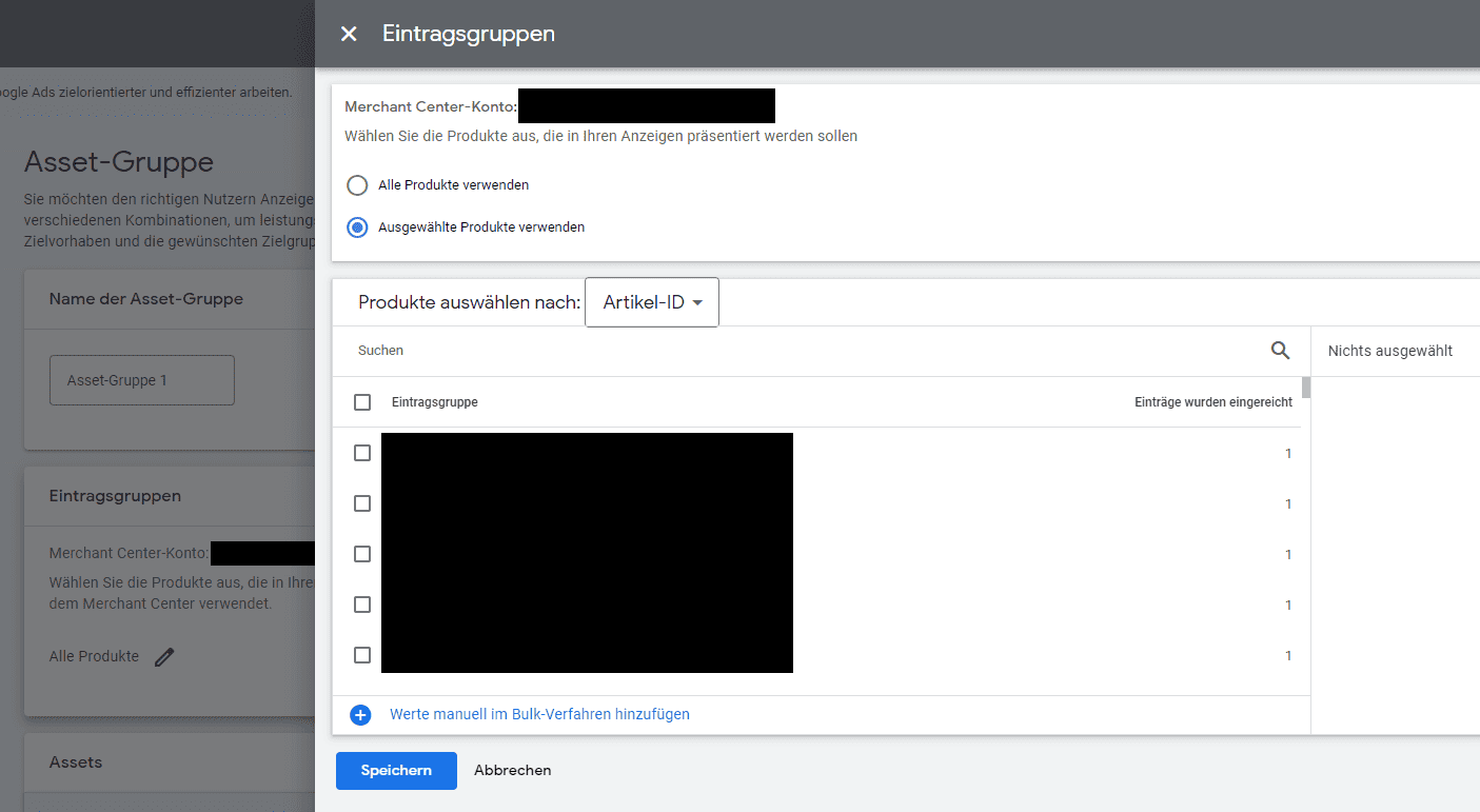 Produkte Eintragsgruppen